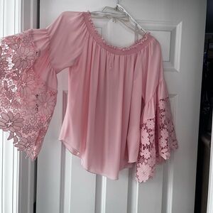 Joseph Ribkoff Pink Floral Lace Sleeve Blouse